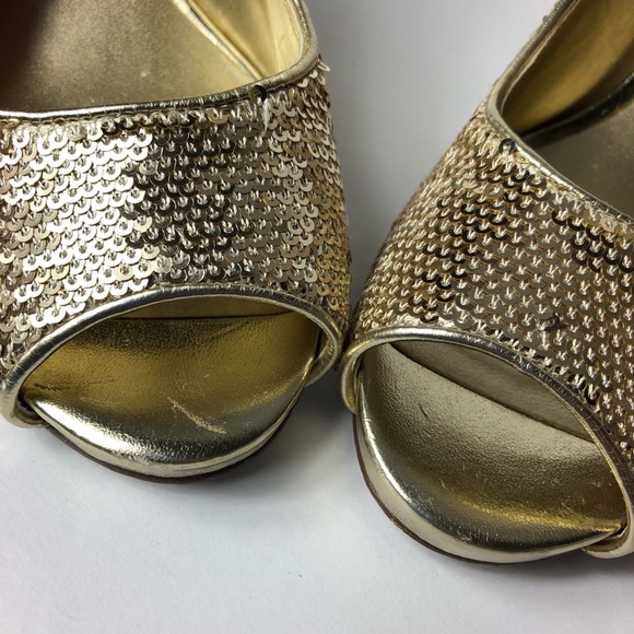 Guess Gold Sequin Peep Toe Party Stiletto Heels - Picture 7 of 8